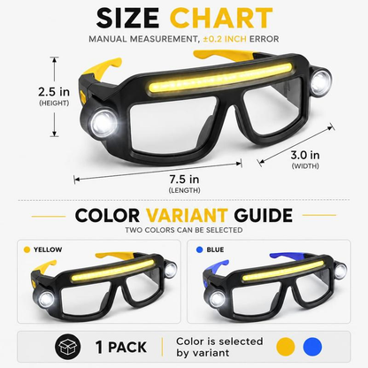 Hands-Free LED Work Glasses – Ultra-Bright Wide Beam, Side Lights, Fit-Over, Heavy-Duty Eye Protection, Multi-Function