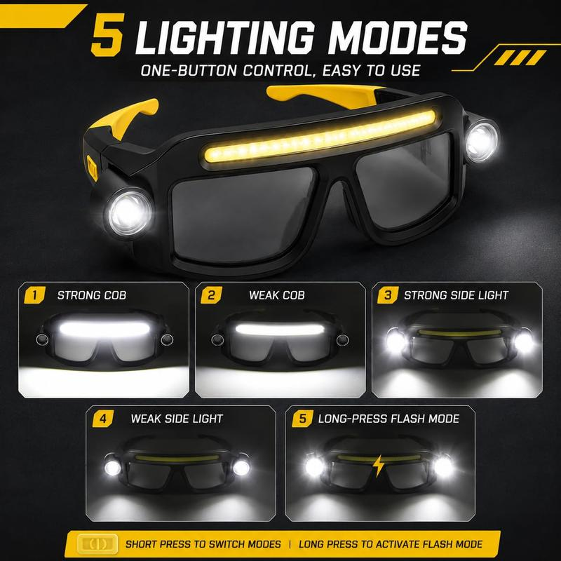 Hands-Free LED Work Glasses – Ultra-Bright Wide Beam, Side Lights, Fit-Over, Heavy-Duty Eye Protection, Multi-Function
