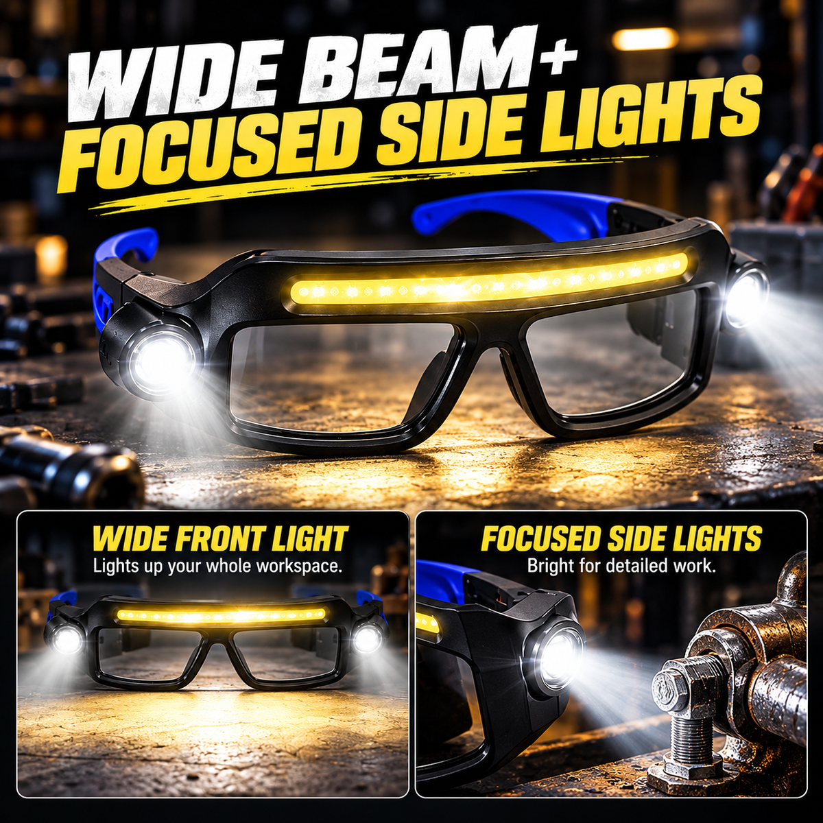 Hands-Free LED Work Glasses – Ultra-Bright Wide Beam, Side Lights, Fit-Over, Heavy-Duty Eye Protection, Multi-Function